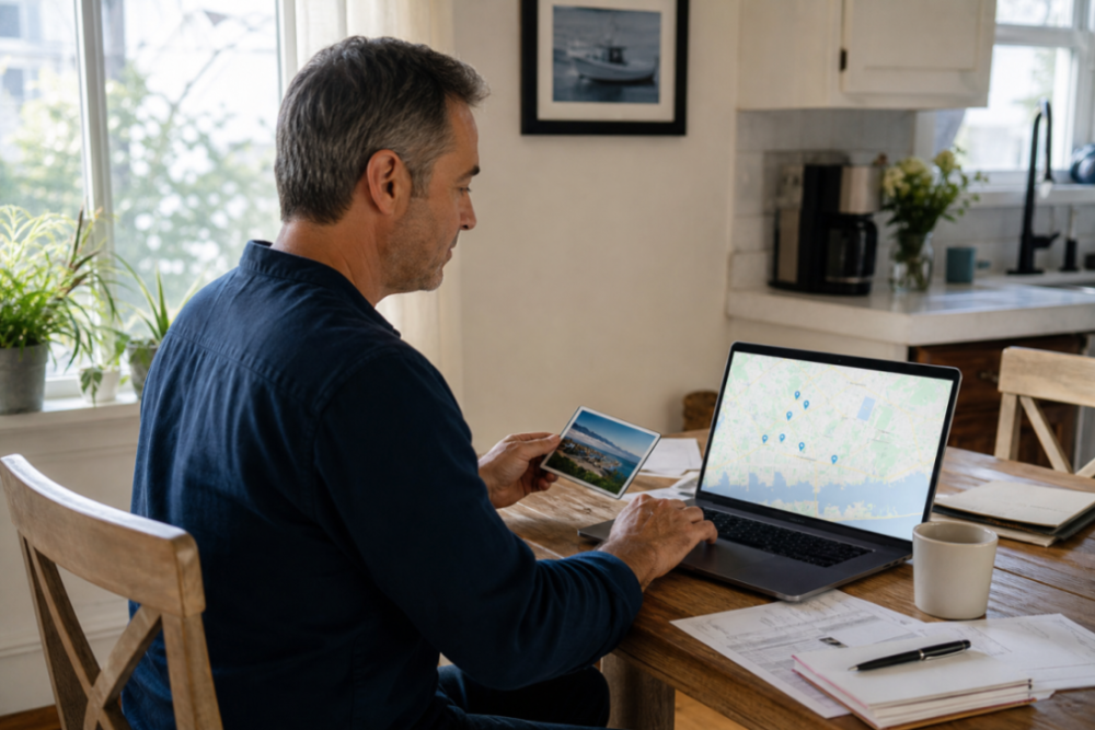 Small business owner at a table with laptop showing a map, preparing to verify Google Business Profile service area